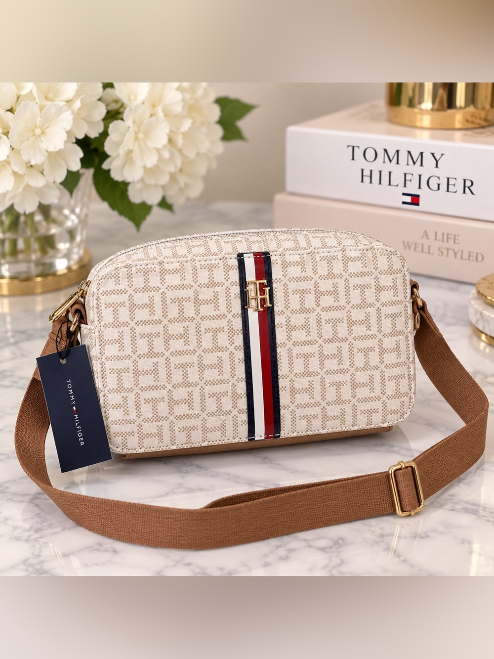 Tommy Hilfiger White Monogram Crossbody with Tricolor Stripe